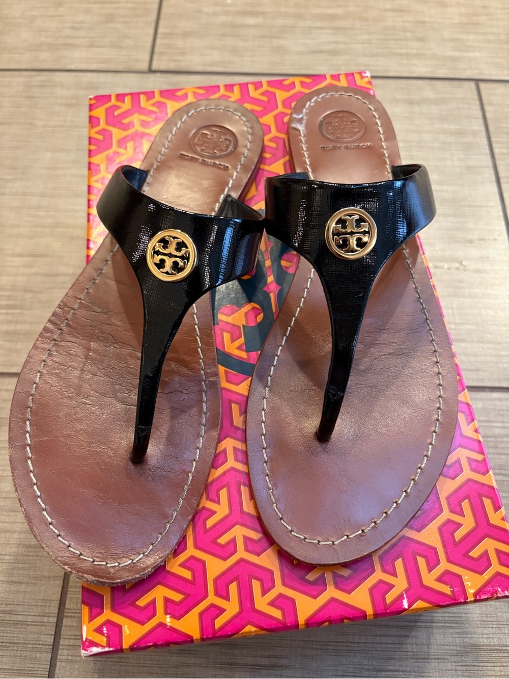 Tory Burch Black Patent Miller Thong Sandals with Gold Logo